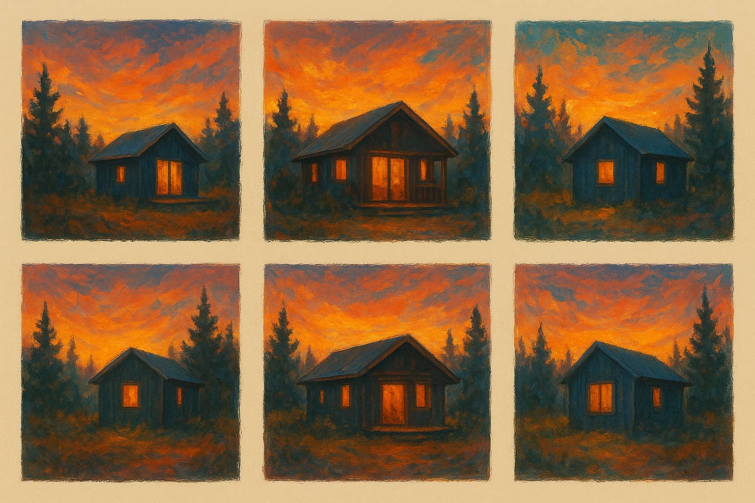 NFT illustration collection inspired by the Tiny Alpha cabin, presented as an artistic digital gallery.