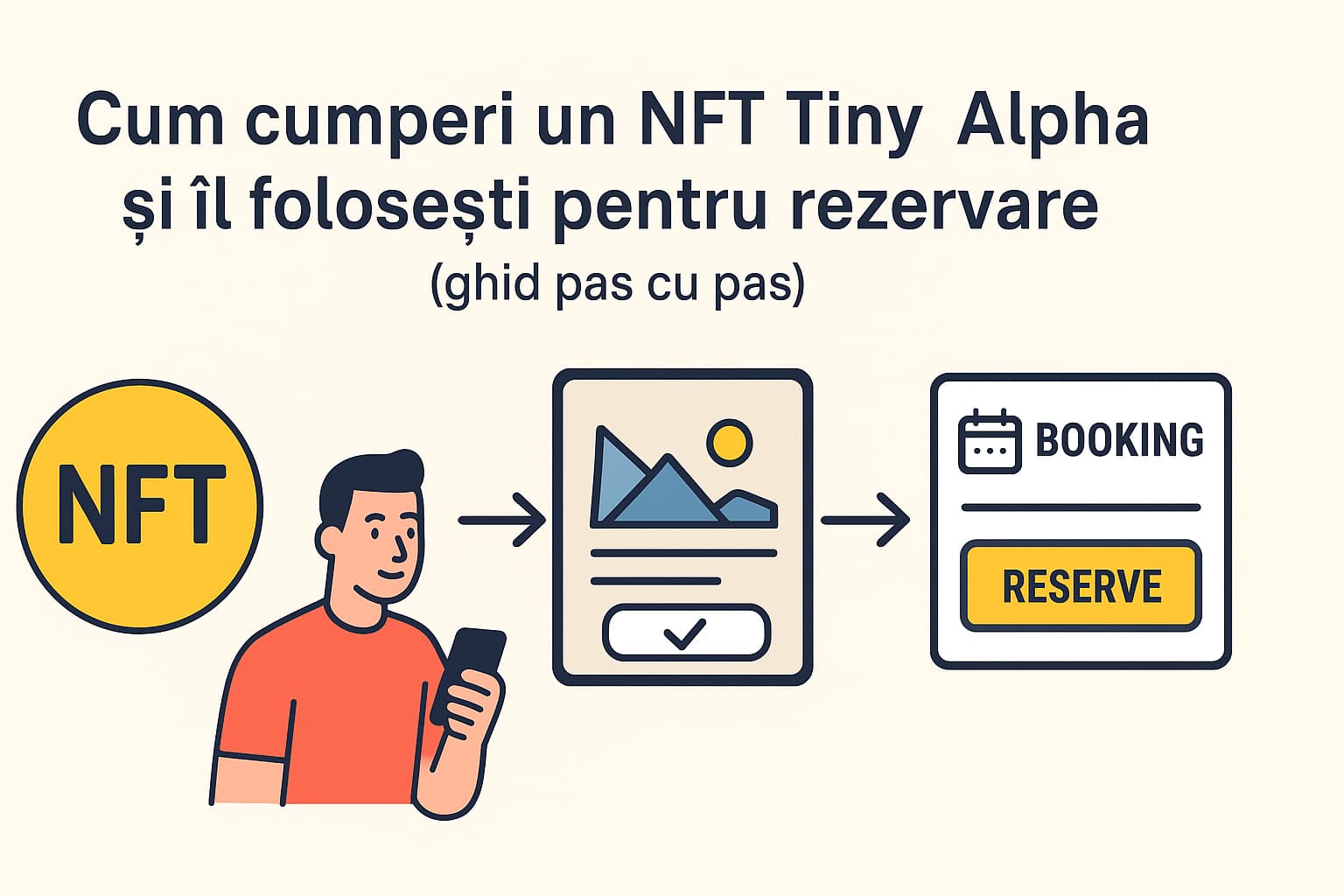 Step-by-step explanatory illustration about how to buy and use an NFT to book a stay at Tiny Alpha.