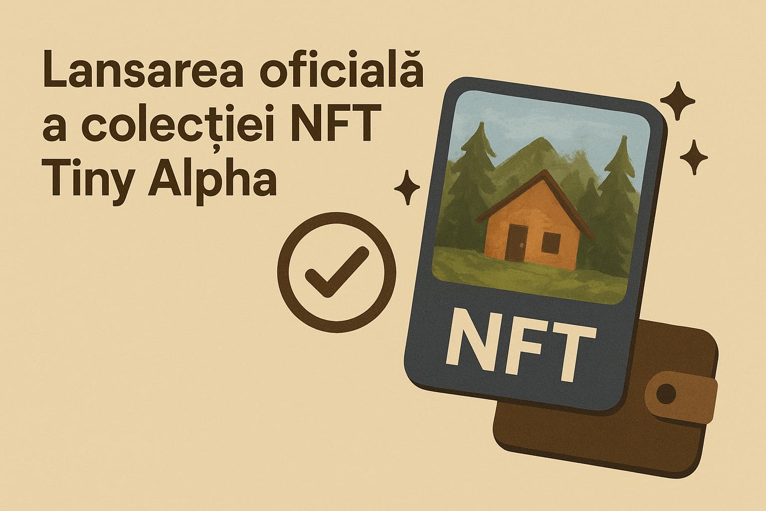 Digital illustration announcing the launch of the Tiny Alpha NFT collection, with modern visual elements and blockchain symbols.